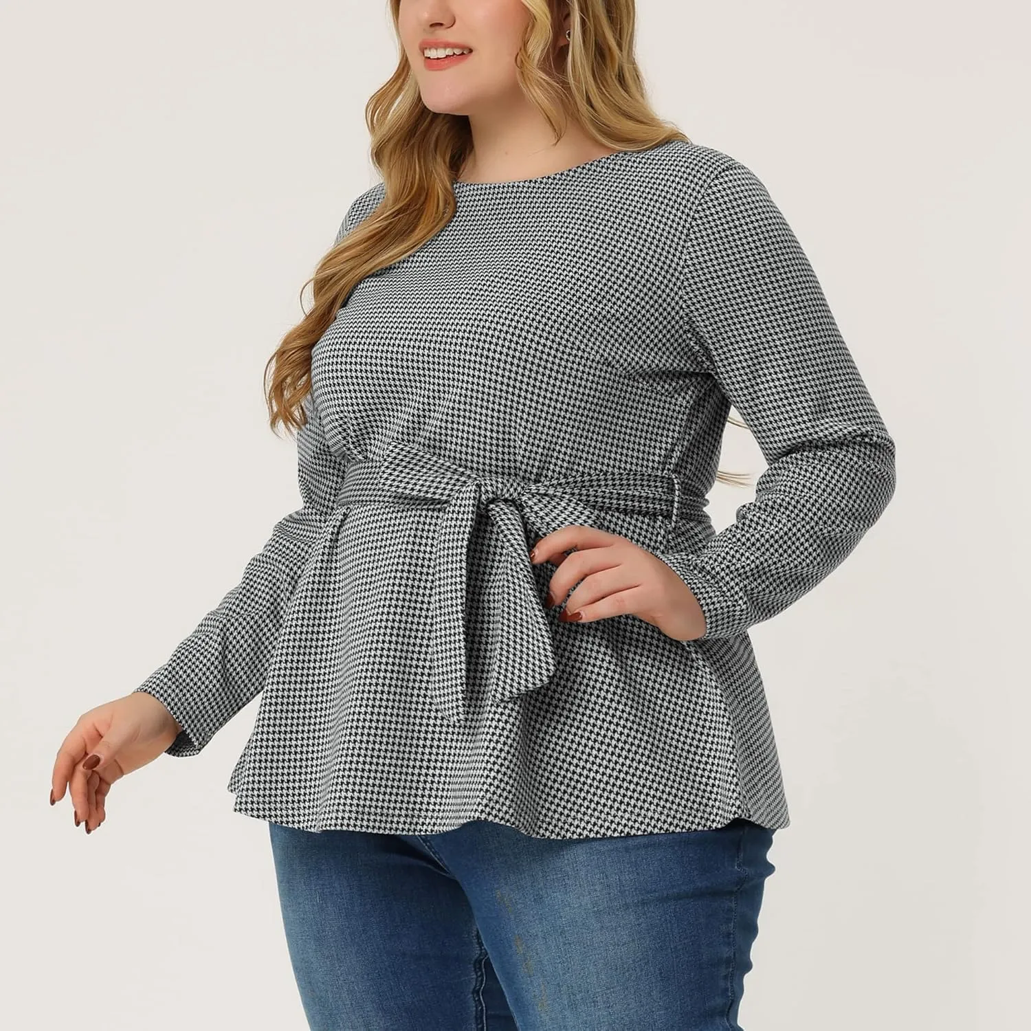 Agnes Orinda Women's Plus Size Peplum Tops Belted Tie Houndstooth Blouse Work Office Long Sleeve Tunic Shirts