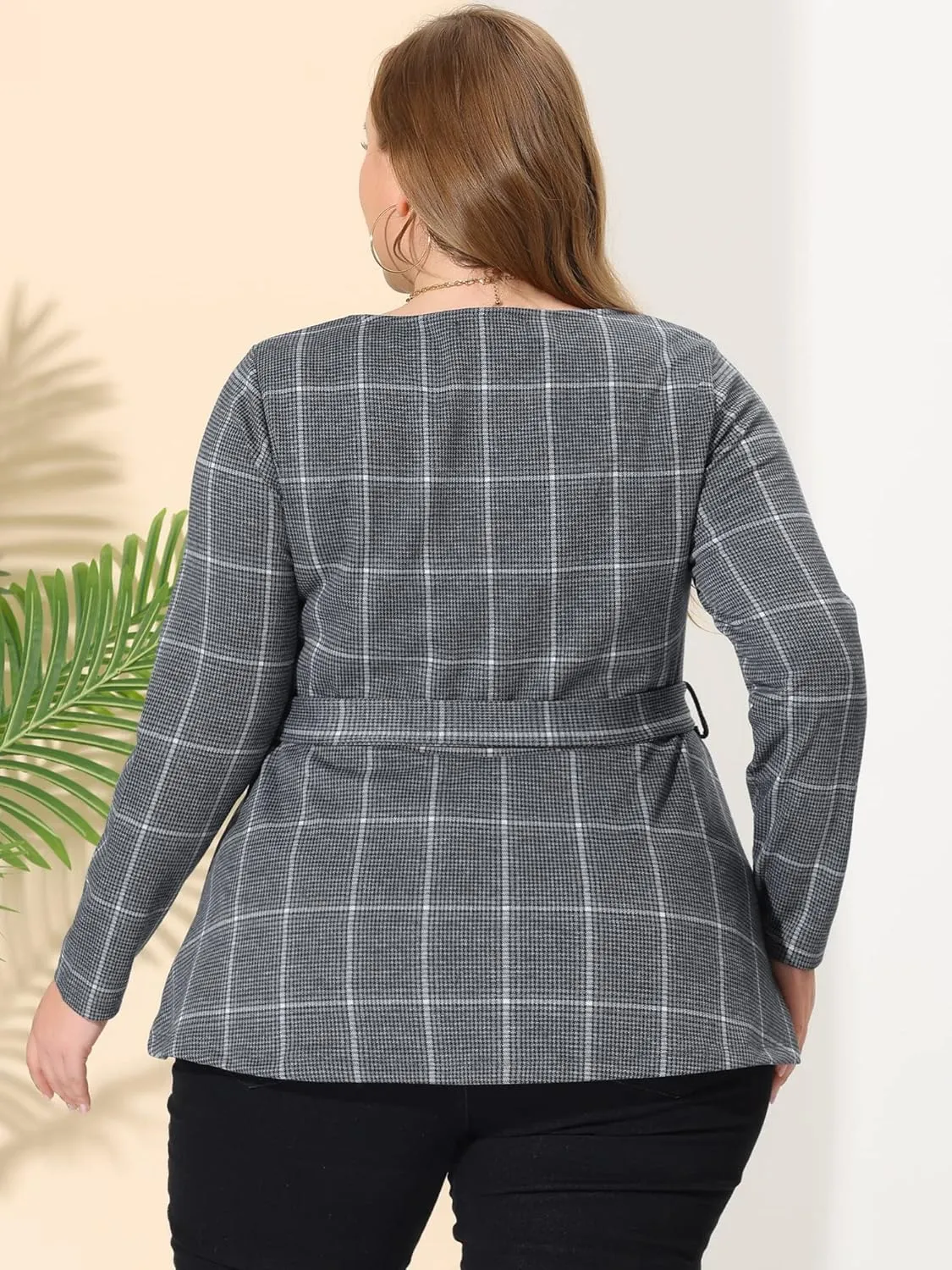 Agnes Orinda Women's Plus Size Peplum Tops Belted Tie Houndstooth Blouse Work Office Long Sleeve Tunic Shirts