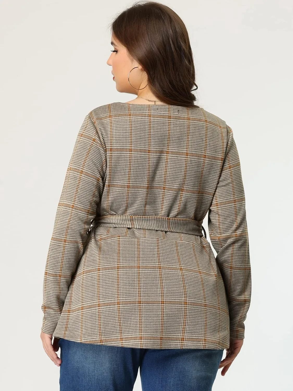 Agnes Orinda Women's Plus Size Peplum Tops Belted Tie Houndstooth Blouse Work Office Long Sleeve Tunic Shirts