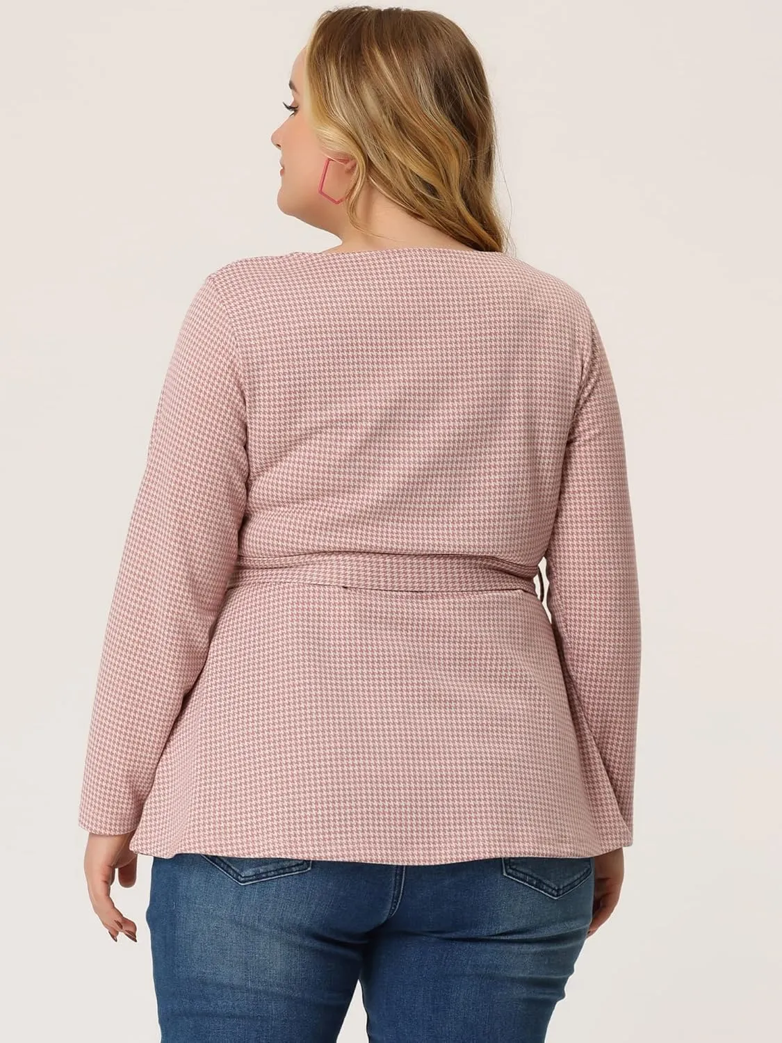 Agnes Orinda Women's Plus Size Peplum Tops Belted Tie Houndstooth Blouse Work Office Long Sleeve Tunic Shirts