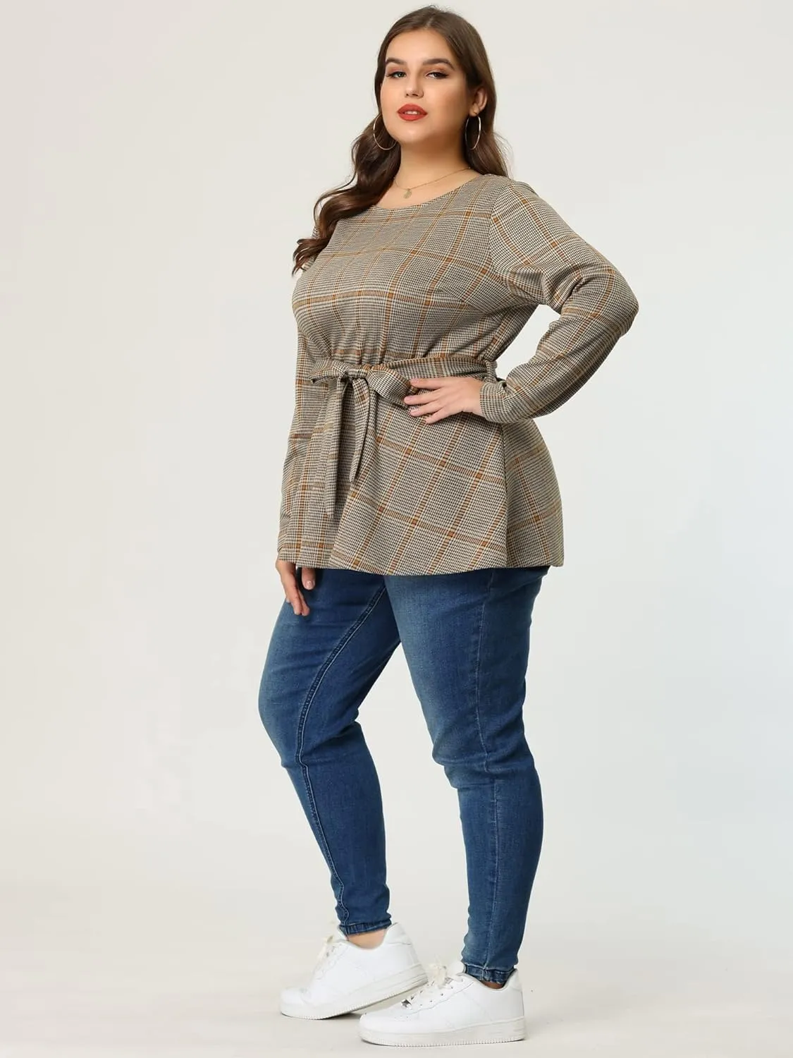 Agnes Orinda Women's Plus Size Peplum Tops Belted Tie Houndstooth Blouse Work Office Long Sleeve Tunic Shirts