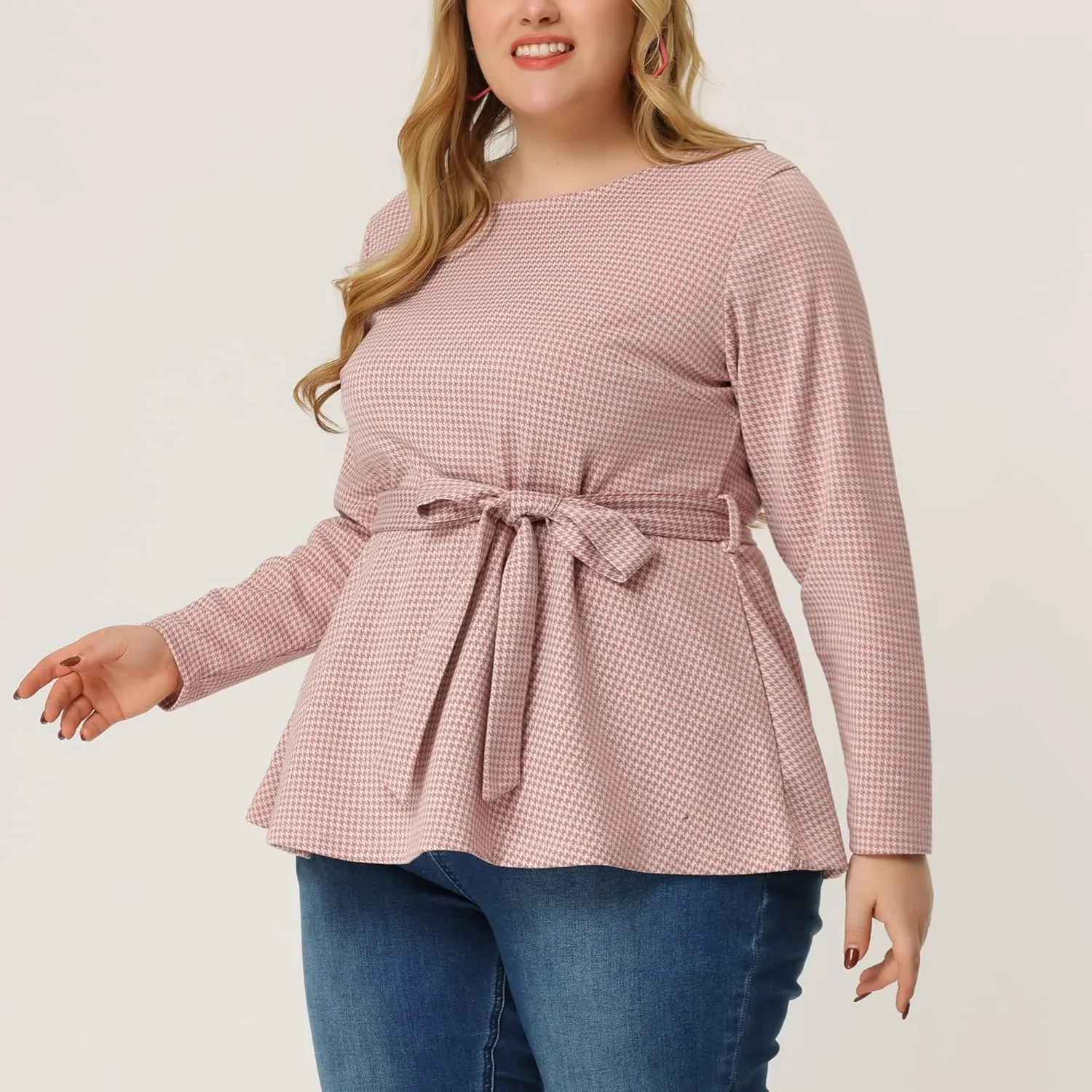Agnes Orinda Women's Plus Size Peplum Tops Belted Tie Houndstooth Blouse Work Office Long Sleeve Tunic Shirts