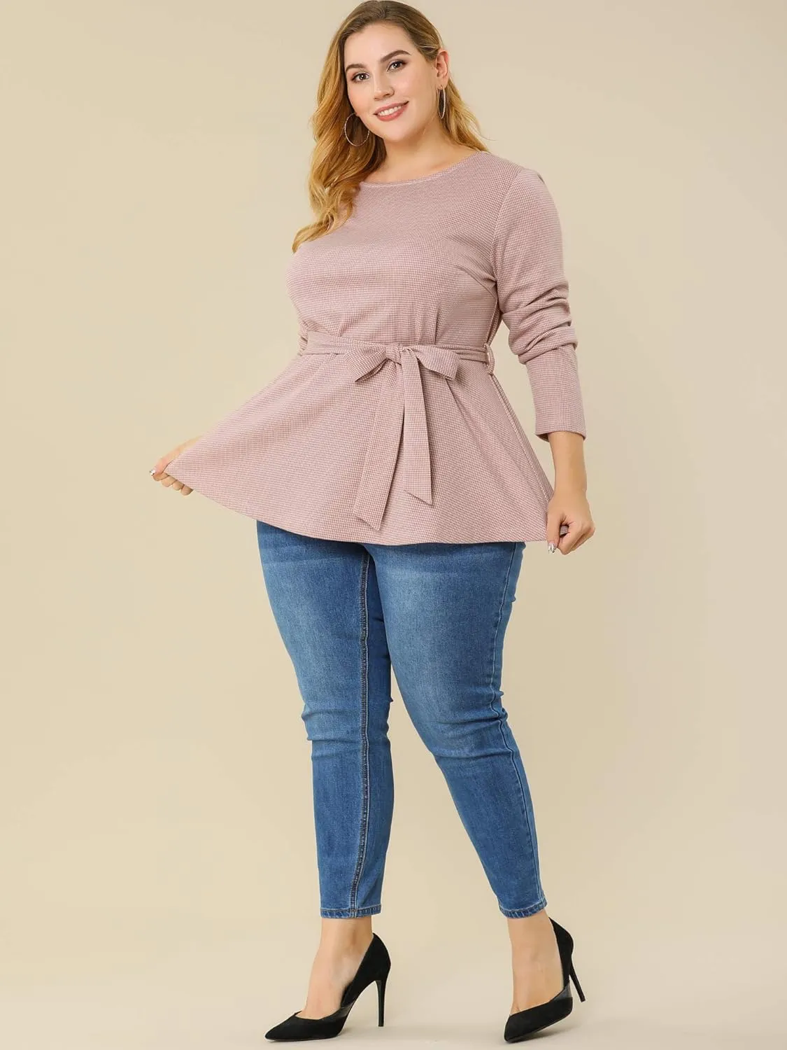 Agnes Orinda Women's Plus Size Peplum Tops Belted Tie Houndstooth Blouse Work Office Long Sleeve Tunic Shirts