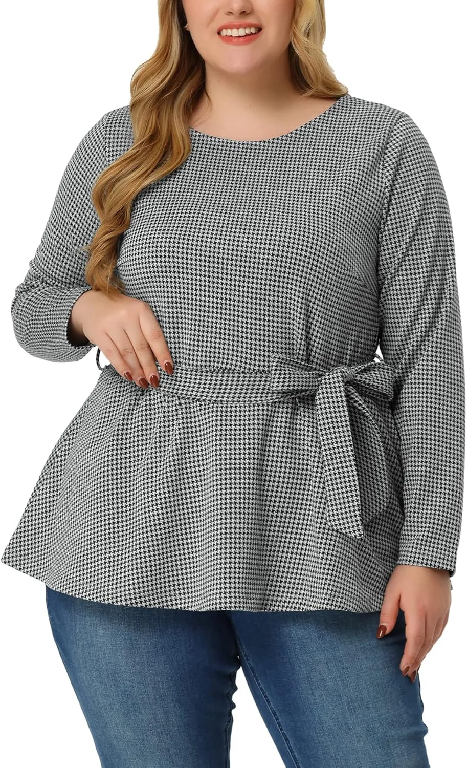 Agnes Orinda Women's Plus Size Peplum Tops Belted Tie Houndstooth Blouse Work Office Long Sleeve Tunic Shirts