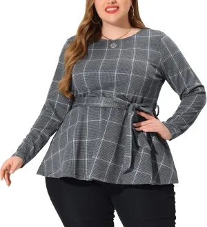 Agnes Orinda Women's Plus Size Peplum Tops Belted Tie Houndstooth Blouse Work Office Long Sleeve Tunic Shirts