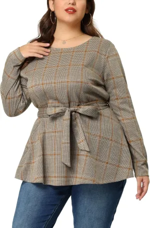 Agnes Orinda Women's Plus Size Peplum Tops Belted Tie Houndstooth Blouse Work Office Long Sleeve Tunic Shirts