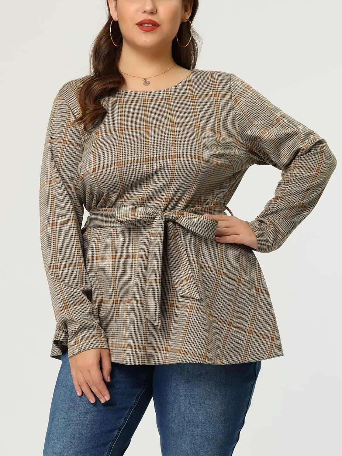 Agnes Orinda Women's Plus Size Peplum Tops Belted Tie Houndstooth Blouse Work Office Long Sleeve Tunic Shirts
