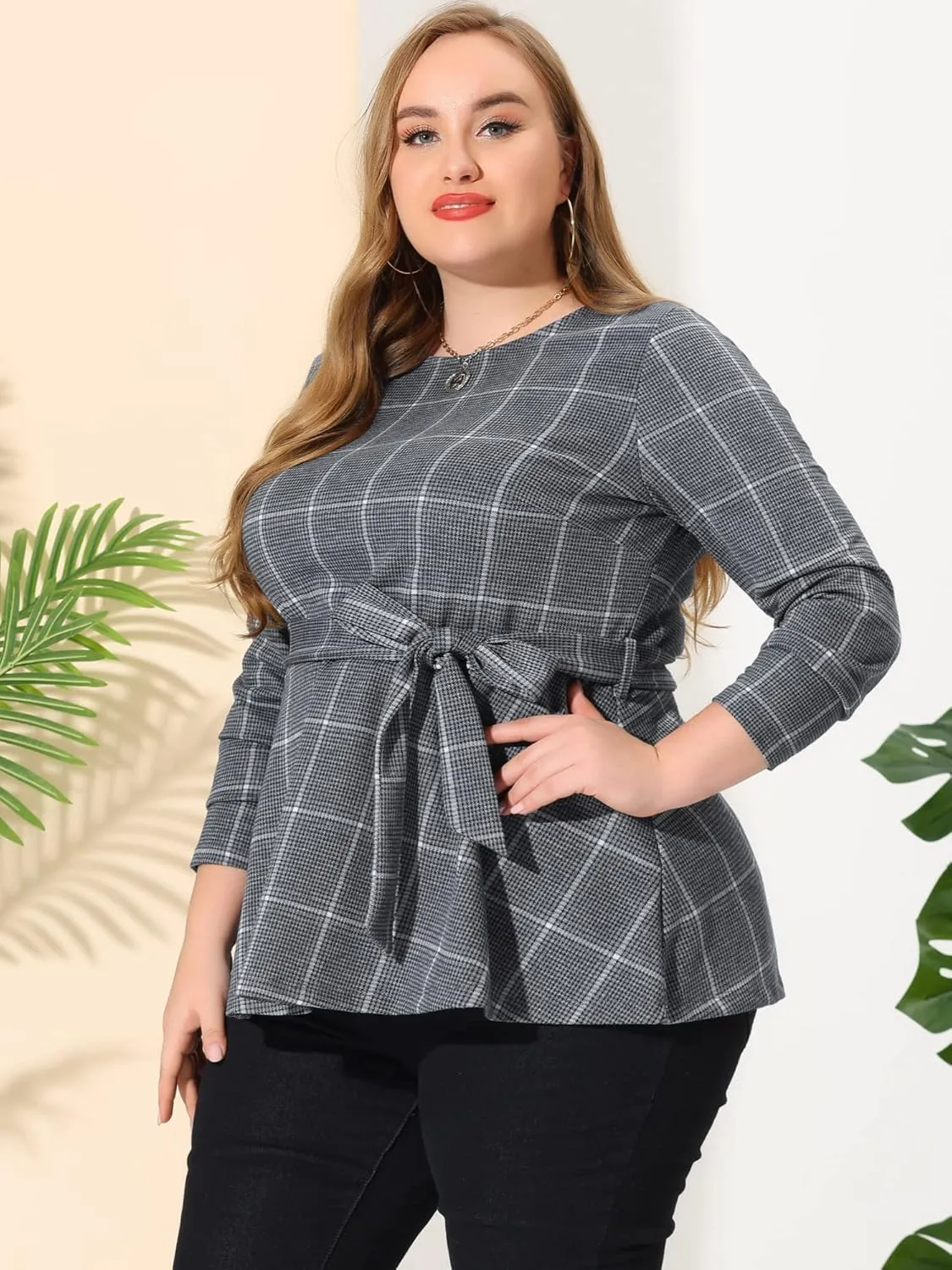 Agnes Orinda Women's Plus Size Peplum Tops Belted Tie Houndstooth Blouse Work Office Long Sleeve Tunic Shirts