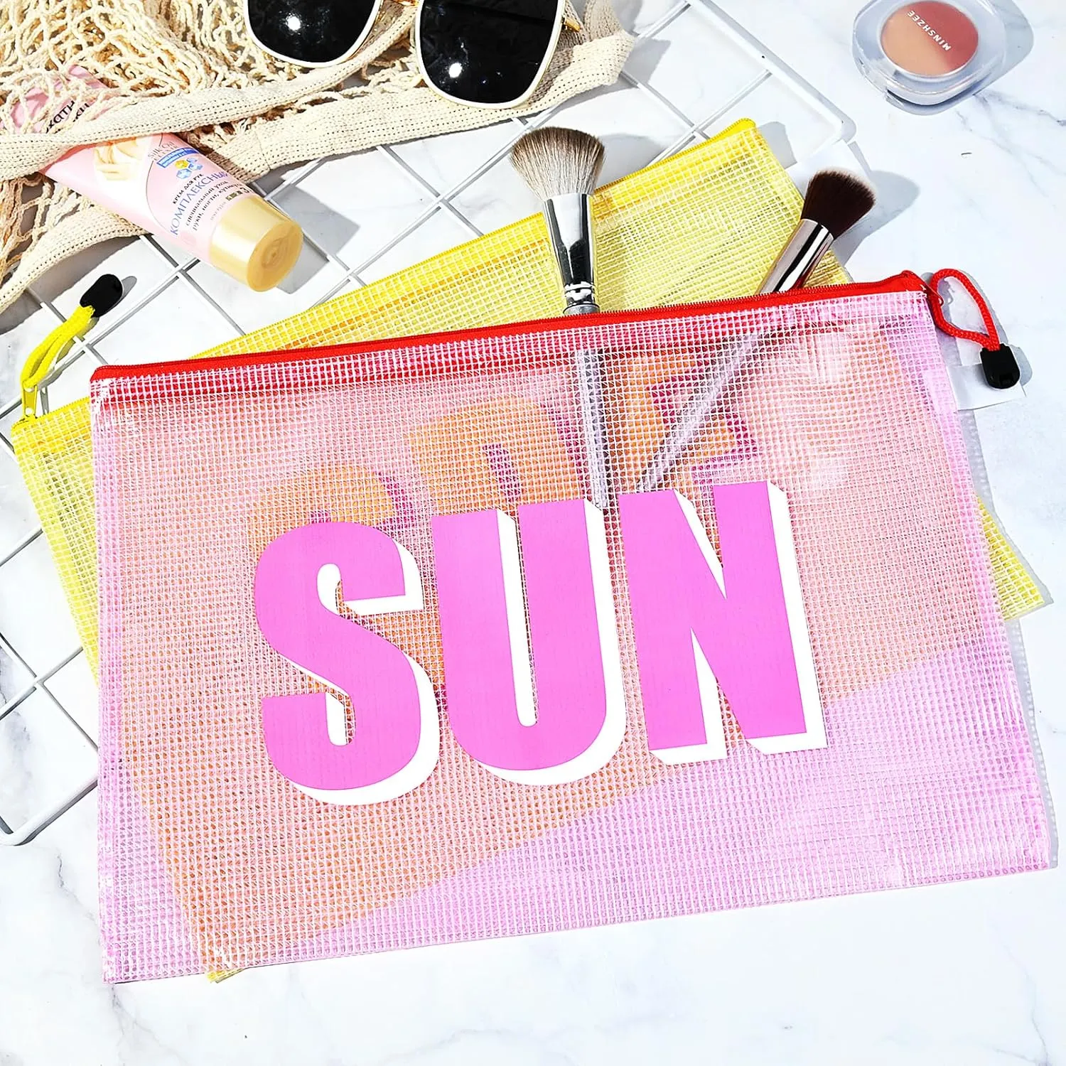Aileam 4PCS Beach Makeup Bags SPF Cosmetic Bags for Women Girls Summer Varsity Zipper Pouch Clear Waterproof Beach Toiletry Organizer Trendy PVC Makeup Bag for Travel Sandproof Essential