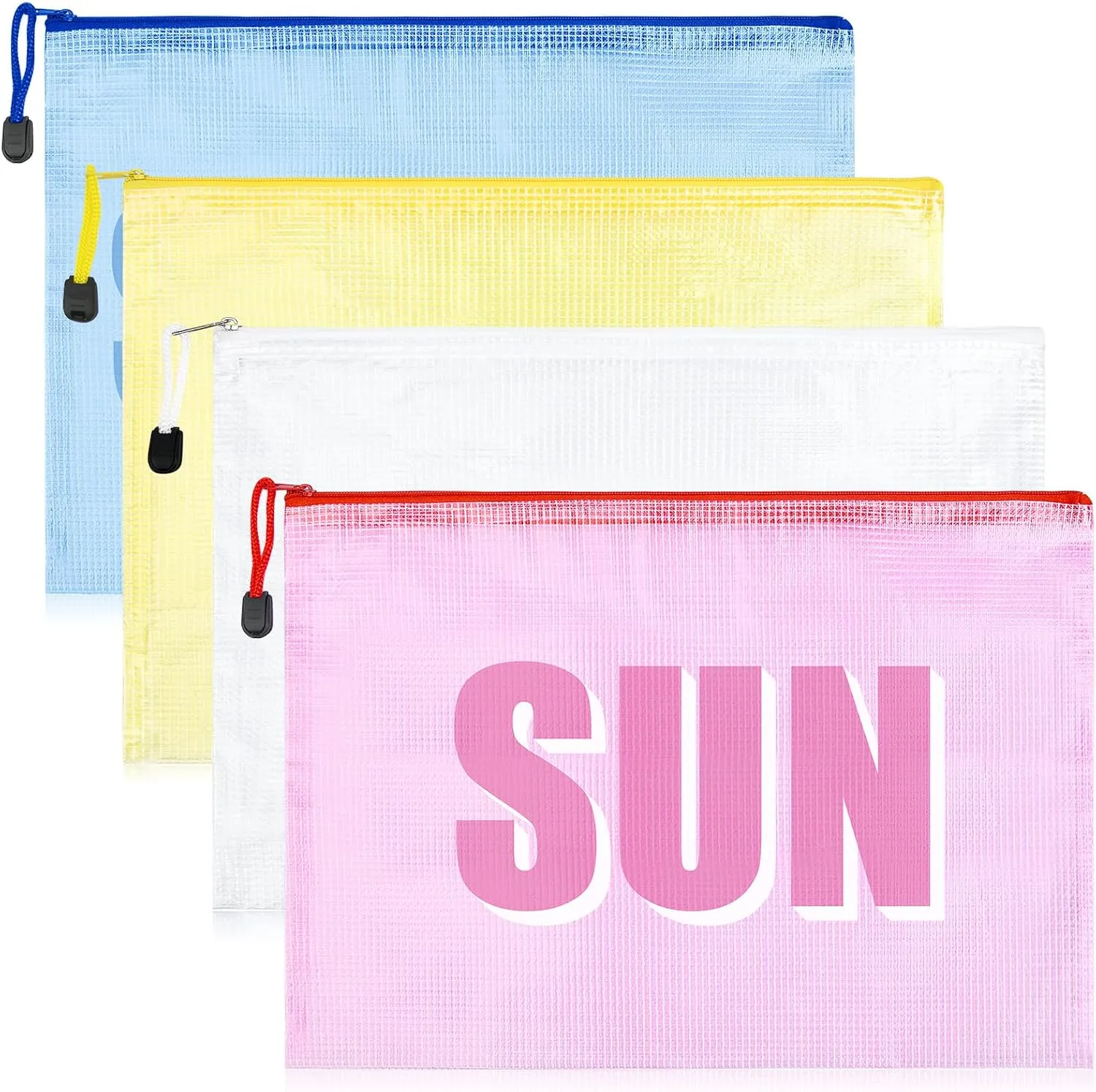 Aileam 4PCS Beach Makeup Bags SPF Cosmetic Bags for Women Girls Summer Varsity Zipper Pouch Clear Waterproof Beach Toiletry Organizer Trendy PVC Makeup Bag for Travel Sandproof Essential