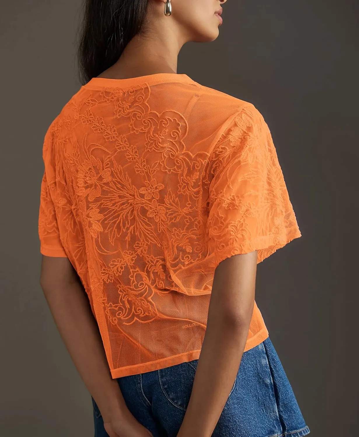 Aimiray Women's Sexy Mesh Tops Short Sleeve Round Neck Lace 3D Printed Floral Sheer Blouse See Through Layering Shirt Tops