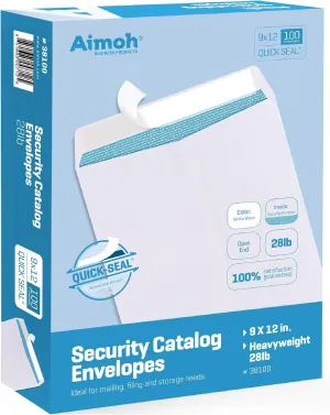 Aimoh 100 9 x 12 SELF Seal Security White Catalog Envelopes - 28lb - Security Tinted, Ultra Strong Quick-Seal, 9x12 inch (38100)