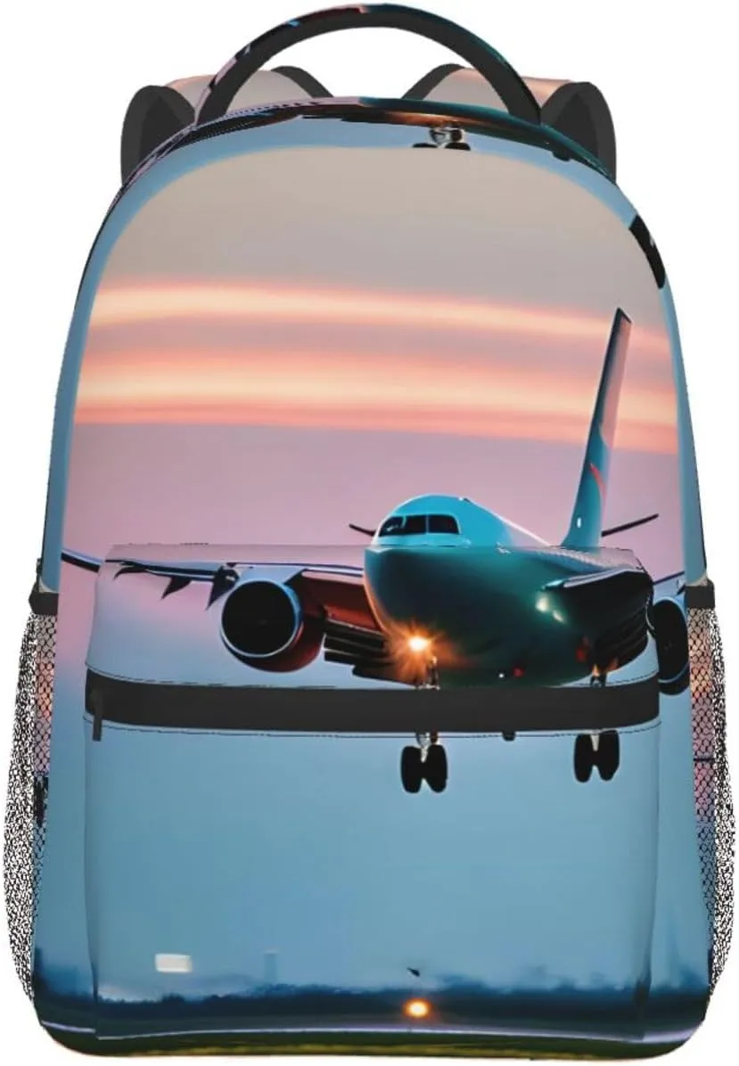 Airplane In The Evening Lights Print Laptop Backpack Stylish Bookbag College Daypack Travel Business Work Bag For Men Women