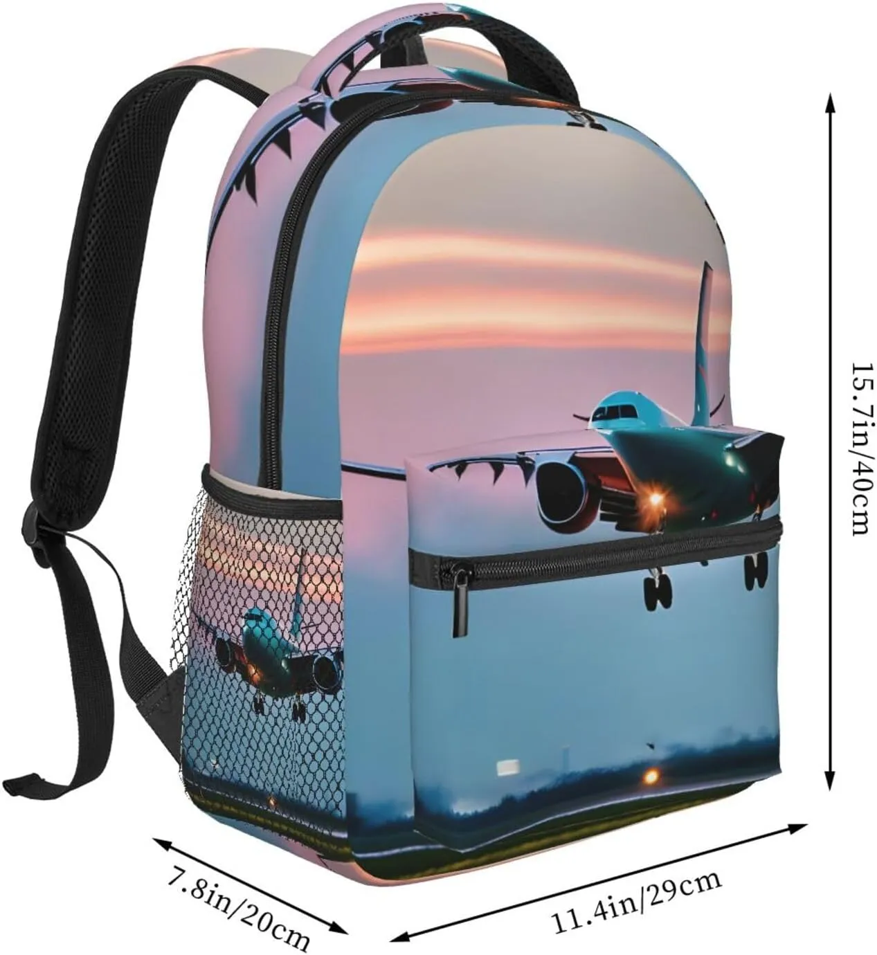 Airplane In The Evening Lights Print Laptop Backpack Stylish Bookbag College Daypack Travel Business Work Bag For Men Women