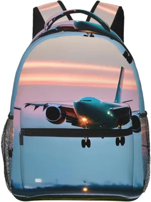 Airplane In The Evening Lights Print Laptop Backpack Stylish Bookbag College Daypack Travel Business Work Bag For Men Women