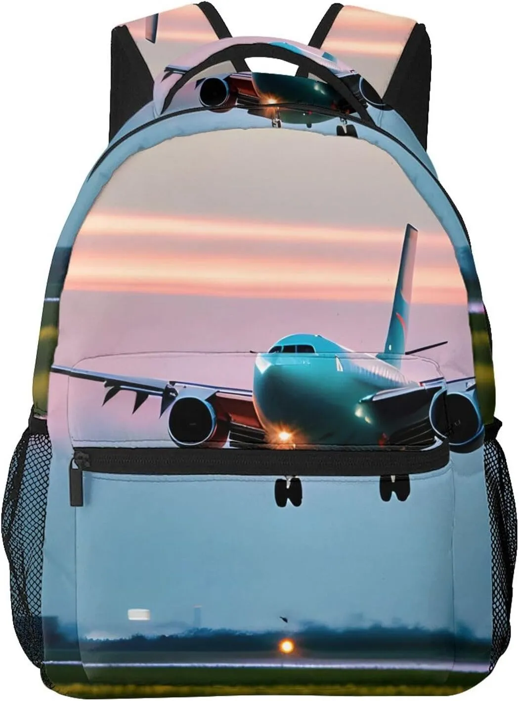 Airplane In The Evening Lights Print Laptop Backpack Stylish Bookbag College Daypack Travel Business Work Bag For Men Women