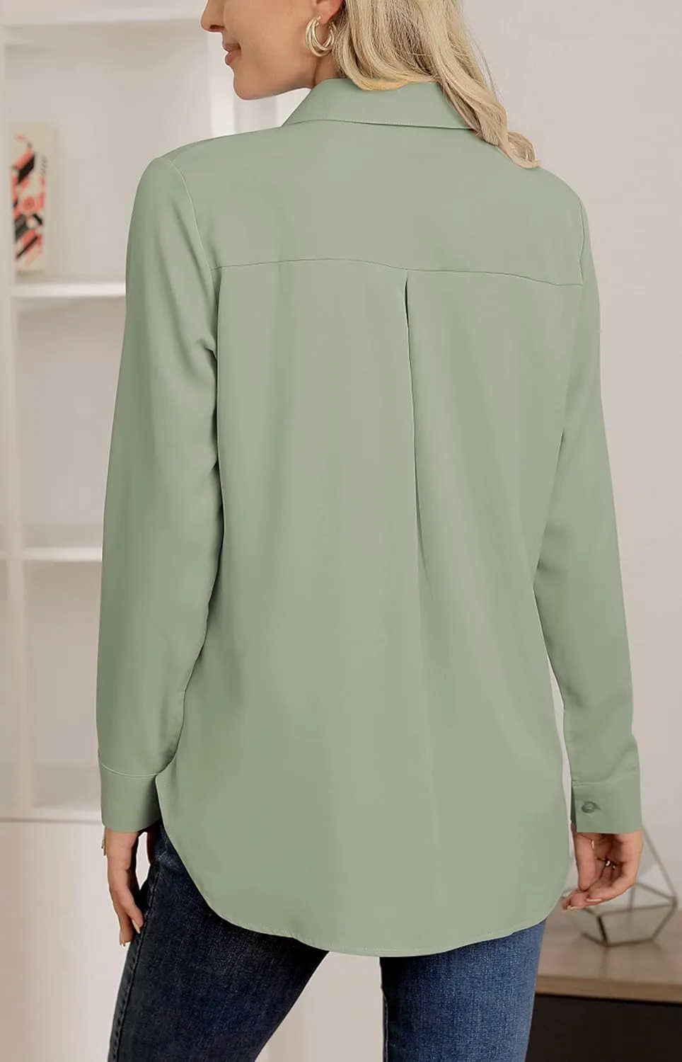 AISEW Womens Casual Button Down Shirts V Neck Chiffon Long/Short Sleeve Collared Office Work Blouses Tops with Pocket