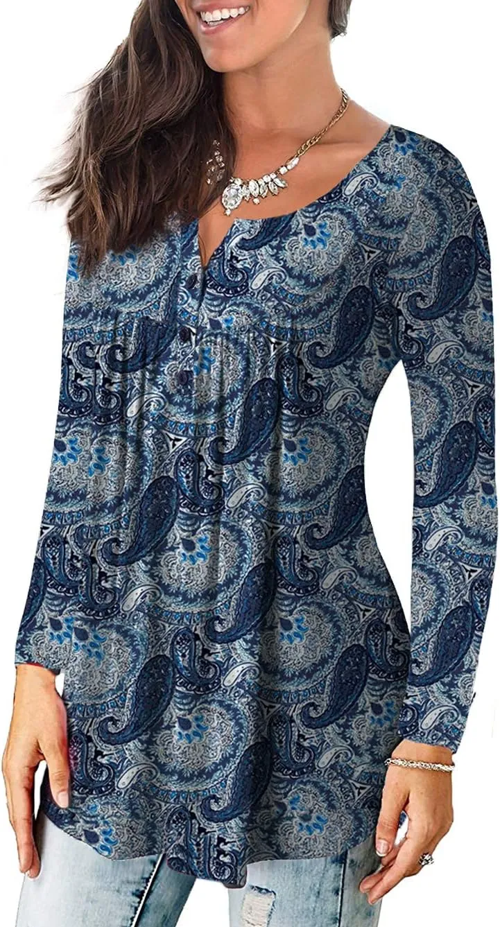 a.Jesdani Plus Size Tunic Tops Long Sleeve Casual Floral Printed Henley V Neck Shirts for Women