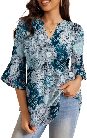 a.Jesdani Women's Work Blouses Ruffle 3/4 Sleeve Dressy Top V Neck Casual Chiffon Tunic Blouses Business Shirts