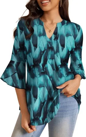 a.Jesdani Women's Work Blouses Ruffle 3/4 Sleeve Dressy Top V Neck Casual Chiffon Tunic Blouses Business Shirts