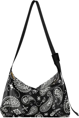 ALAZA Ornament Paisley Bandana Print Black Womens Tote Bag Leather Shoulder Bag For Women Men Large Hobo Cross Body Bags Handbag
