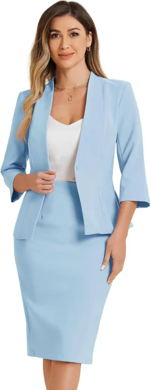 Allegra K Business Skirt Suit Set for Women's 2 Piece Office Work Outfit Collarless Blazer Pencil Skirt