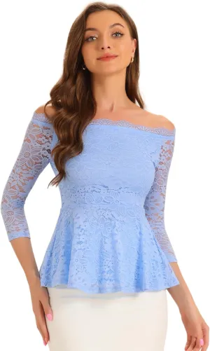 Allegra K Elegant Lace Blouse for Women's Semi Sheer 3/4 Sleeve Off Shoulder Peplum Top