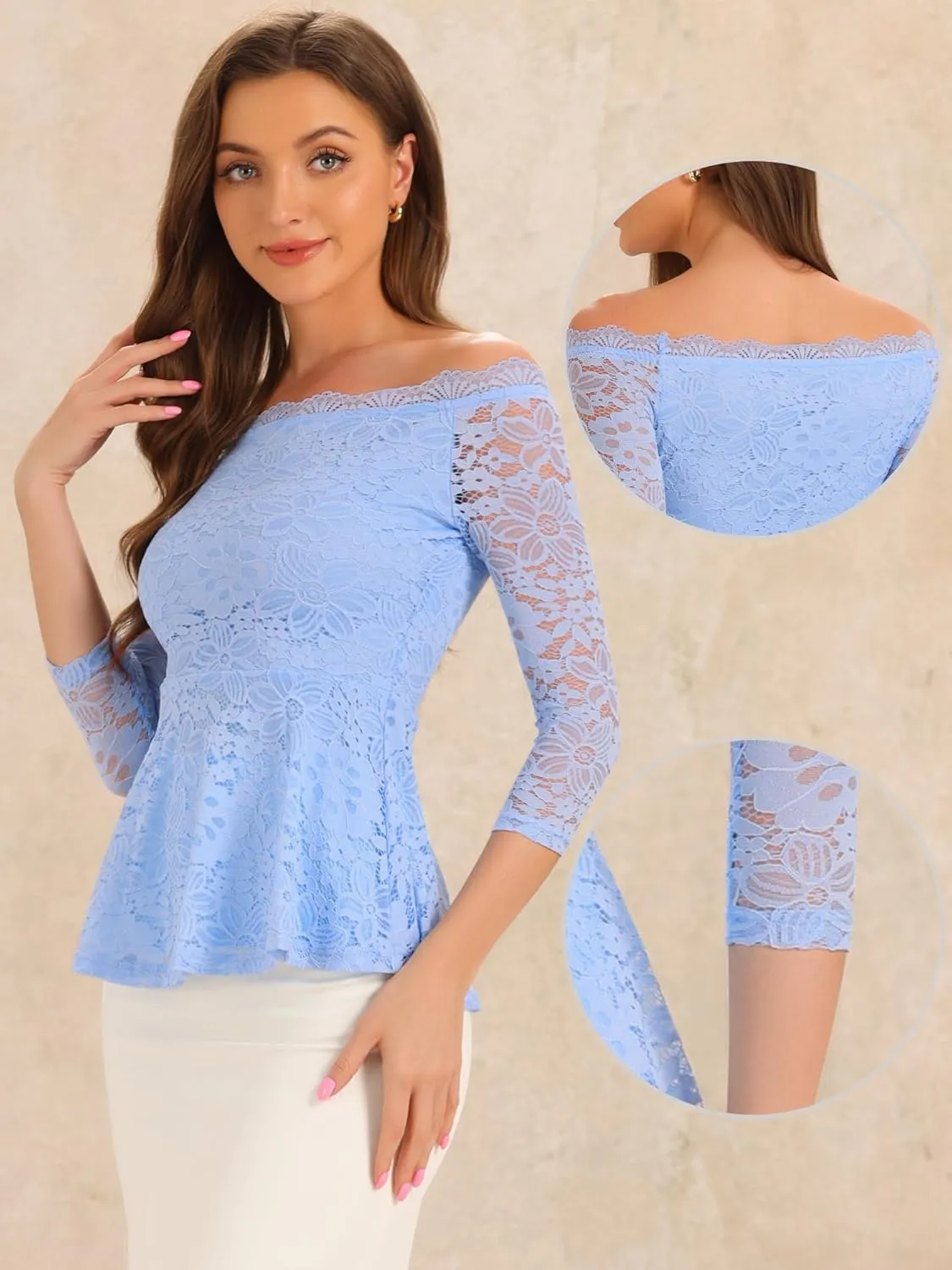 Allegra K Elegant Lace Blouse for Women's Semi Sheer 3/4 Sleeve Off Shoulder Peplum Top