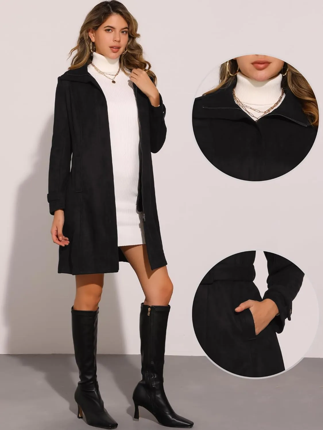 Allegra K Faux Suede Coat for Women's Belted Long Zipper Jacket