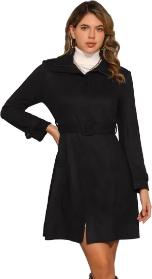 Allegra K Faux Suede Coat for Women's Belted Long Zipper Jacket