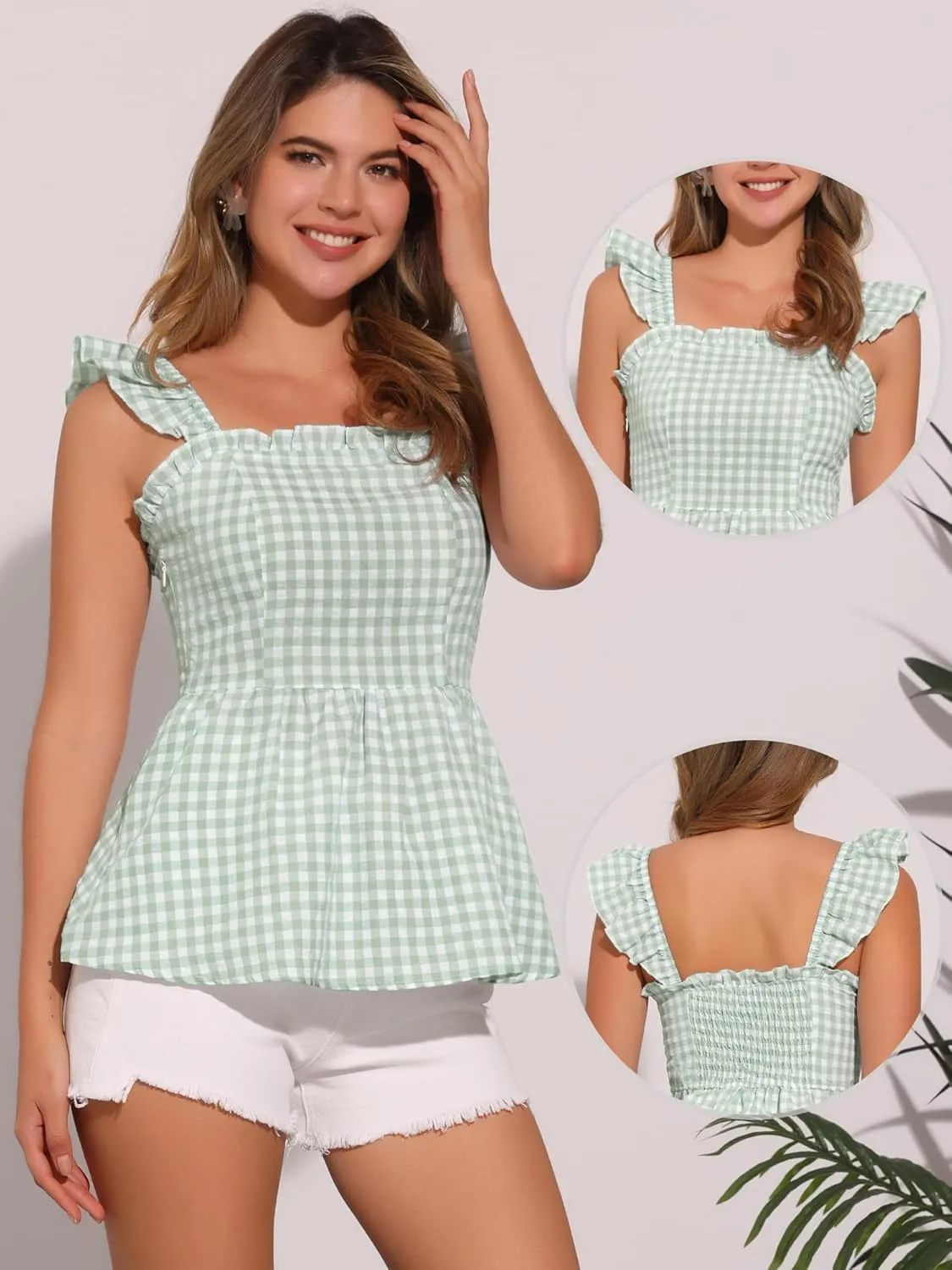 Allegra K Gingham Peplum Top for Women's Summer Square Neck Sleeveless Plaid Blouse