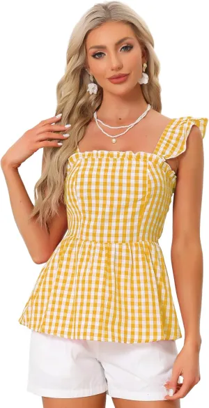 Allegra K Gingham Peplum Top for Women's Summer Square Neck Sleeveless Plaid Blouse