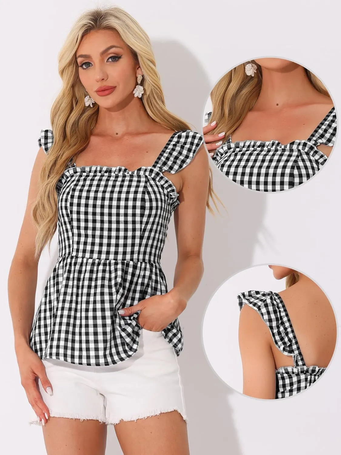 Allegra K Gingham Peplum Top for Women's Summer Square Neck Sleeveless Plaid Blouse