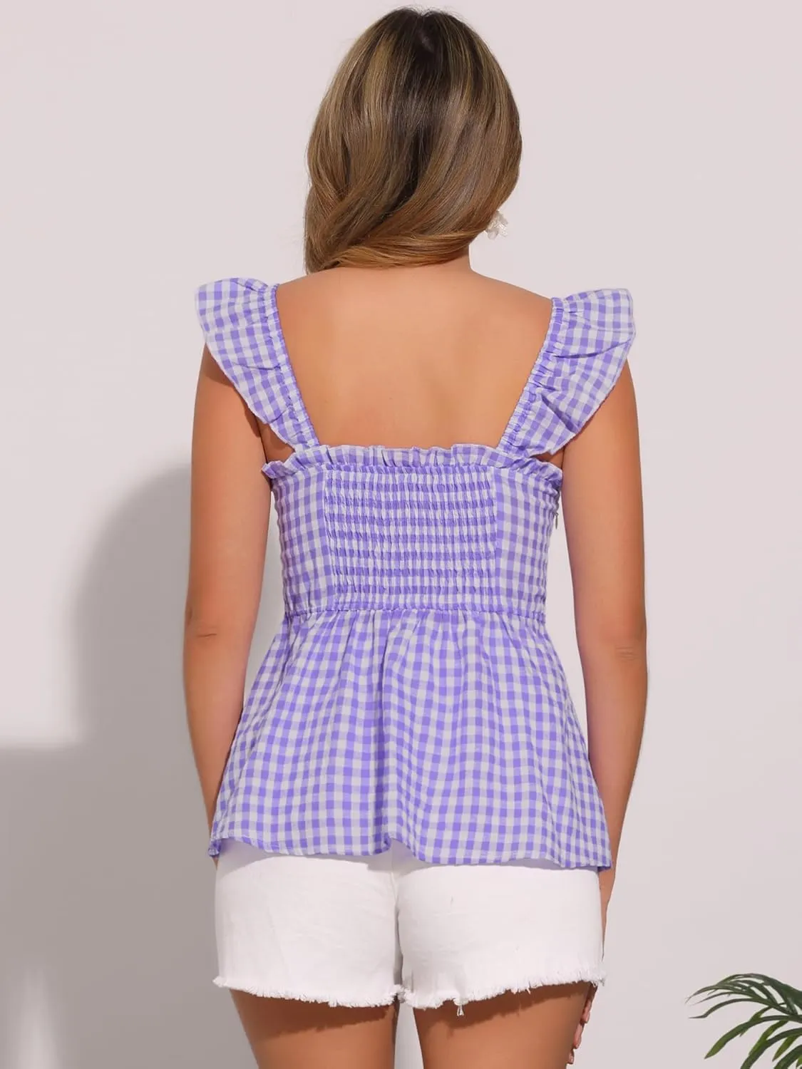 Allegra K Gingham Peplum Top for Women's Summer Square Neck Sleeveless Plaid Blouse