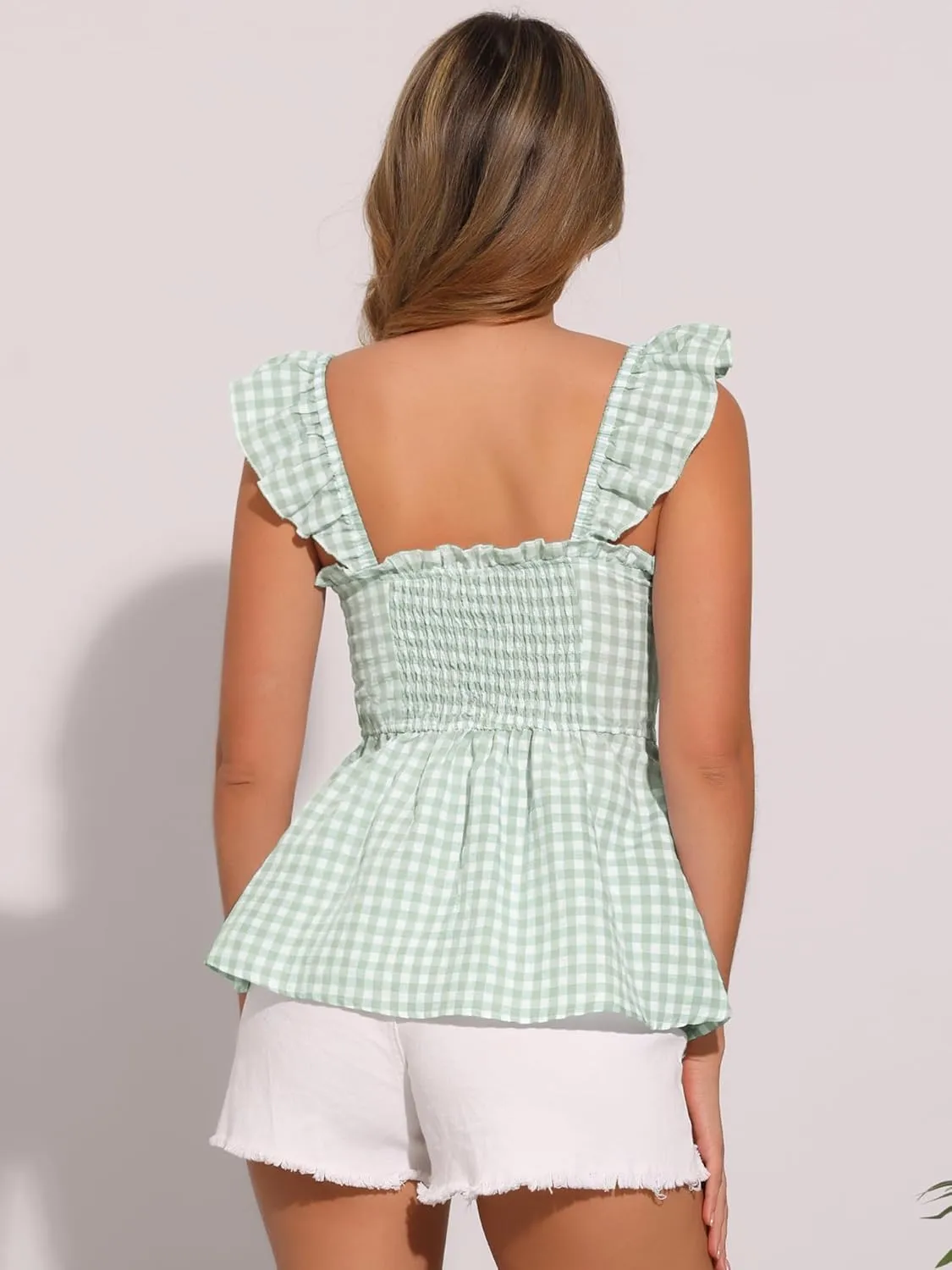 Allegra K Gingham Peplum Top for Women's Summer Square Neck Sleeveless Plaid Blouse