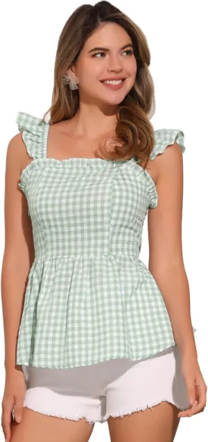 Allegra K Gingham Peplum Top for Women's Summer Square Neck Sleeveless Plaid Blouse