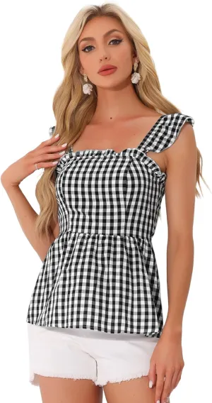 Allegra K Gingham Peplum Top for Women's Summer Square Neck Sleeveless Plaid Blouse