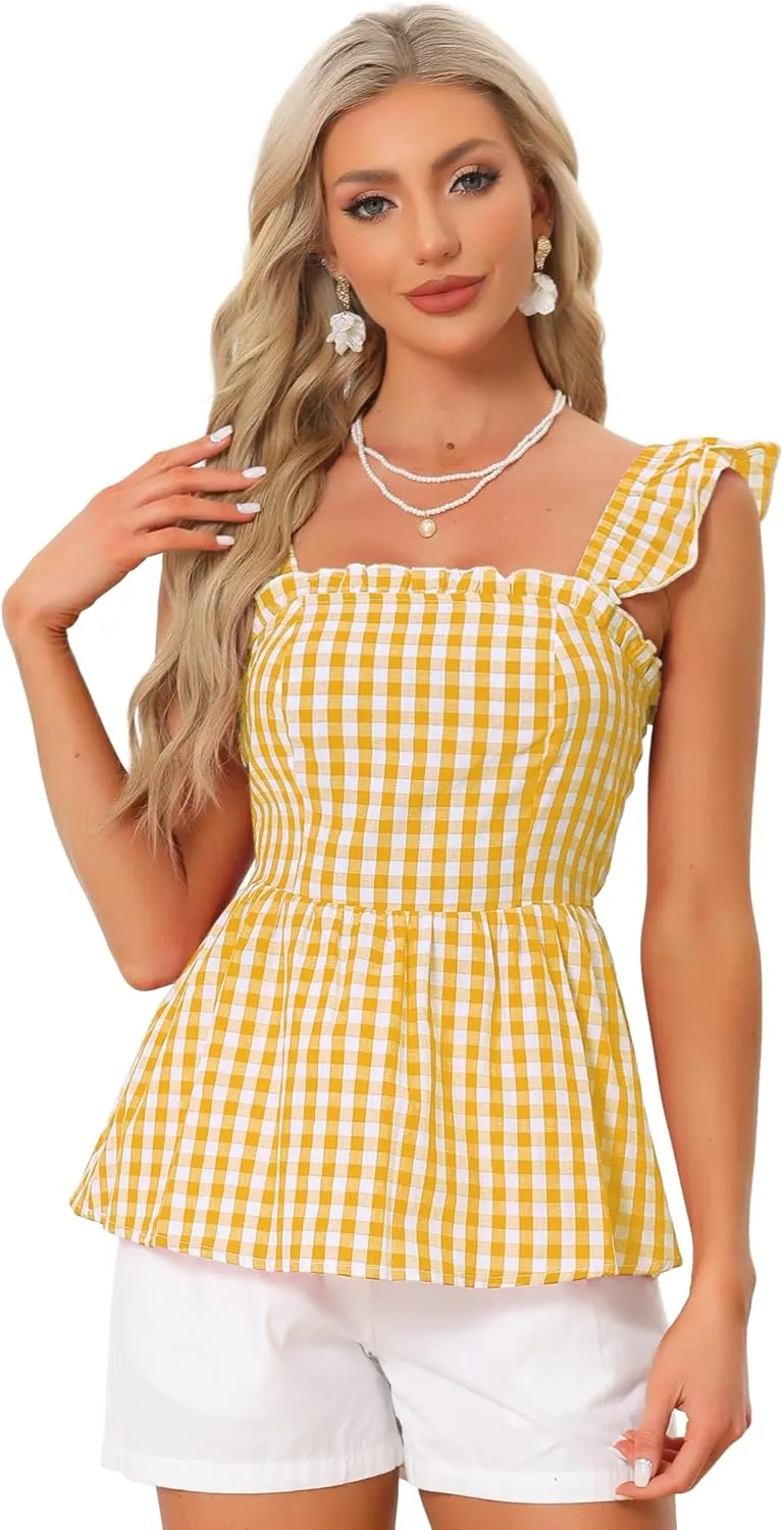 Allegra K Gingham Peplum Top for Women's Summer Square Neck Sleeveless Plaid Blouse