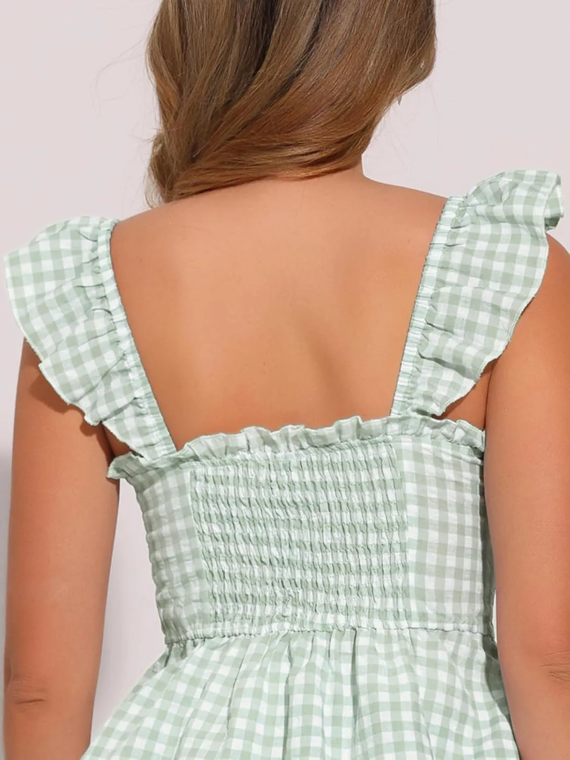 Allegra K Gingham Peplum Top for Women's Summer Square Neck Sleeveless Plaid Blouse