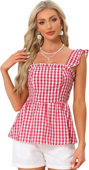 Allegra K Gingham Peplum Top for Women's Summer Square Neck Sleeveless Plaid Blouse