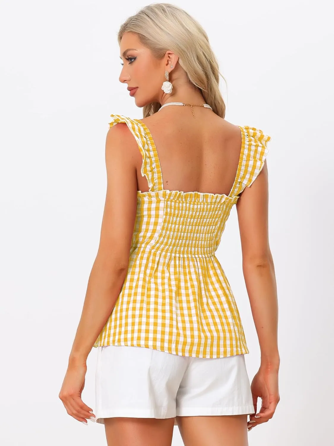 Allegra K Gingham Peplum Top for Women's Summer Square Neck Sleeveless Plaid Blouse