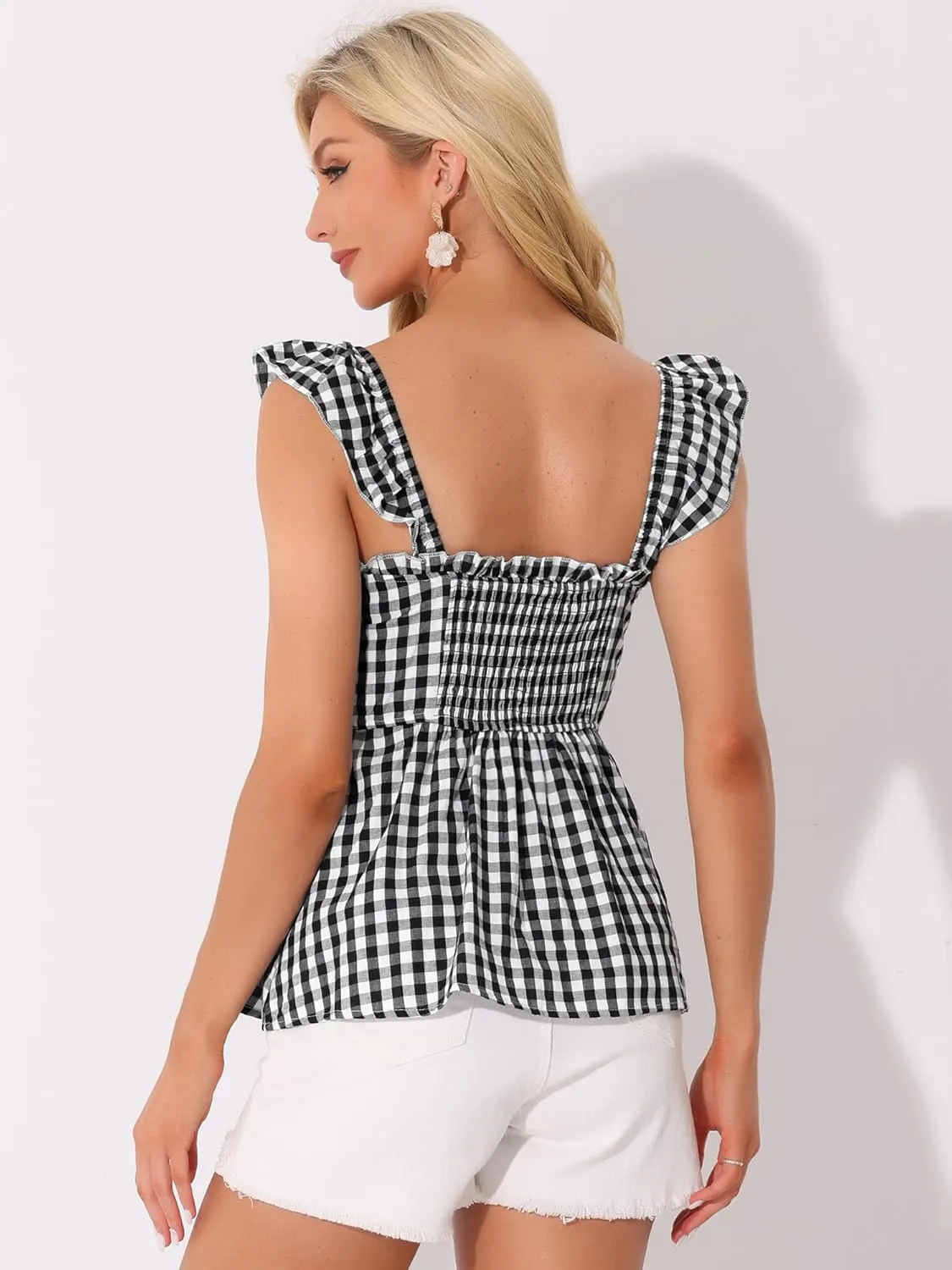 Allegra K Gingham Peplum Top for Women's Summer Square Neck Sleeveless Plaid Blouse
