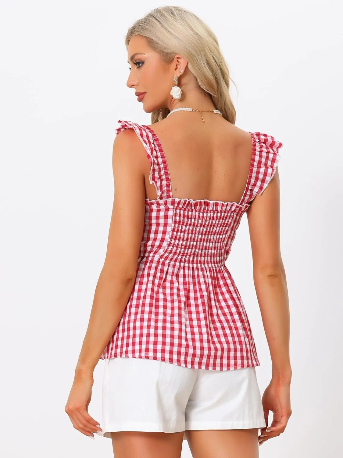 Allegra K Gingham Peplum Top for Women's Summer Square Neck Sleeveless Plaid Blouse