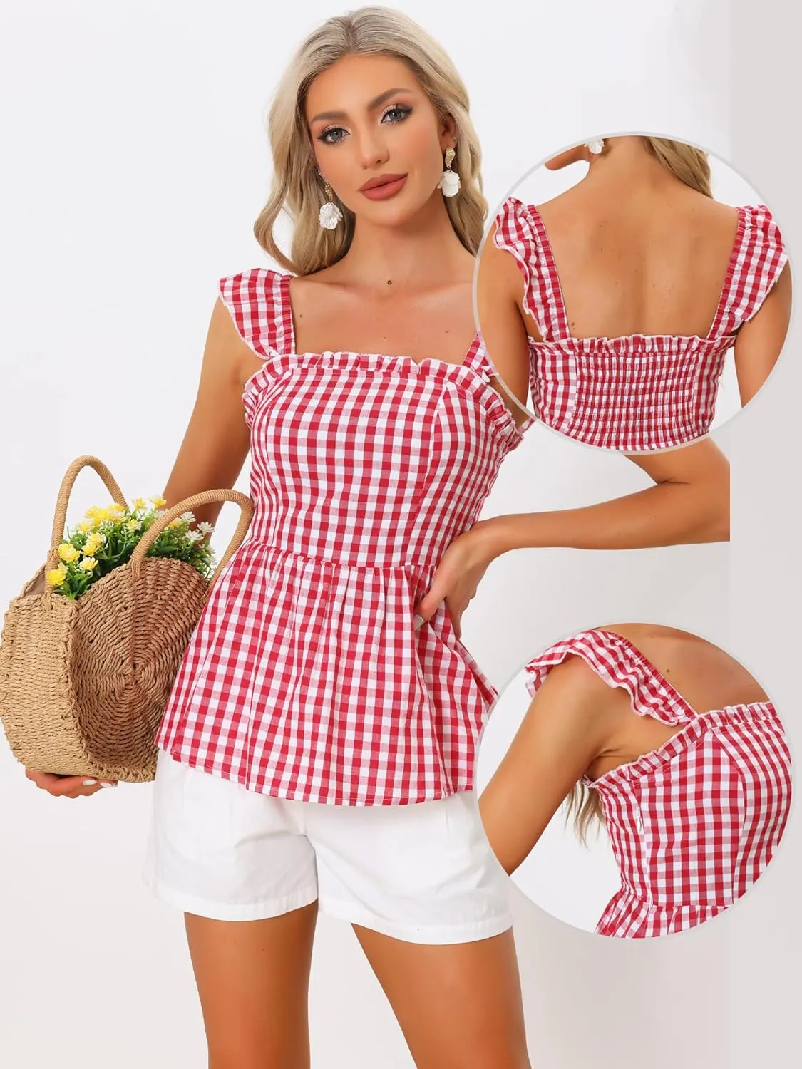 Allegra K Gingham Peplum Top for Women's Summer Square Neck Sleeveless Plaid Blouse