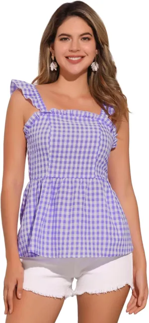 Allegra K Gingham Peplum Top for Women's Summer Square Neck Sleeveless Plaid Blouse