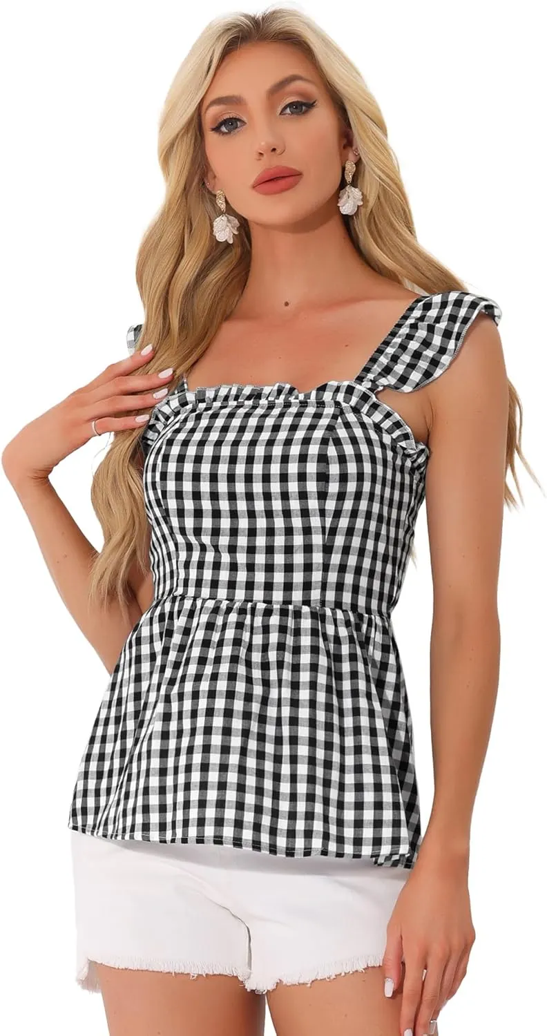 Allegra K Gingham Peplum Top for Women's Summer Square Neck Sleeveless Plaid Blouse