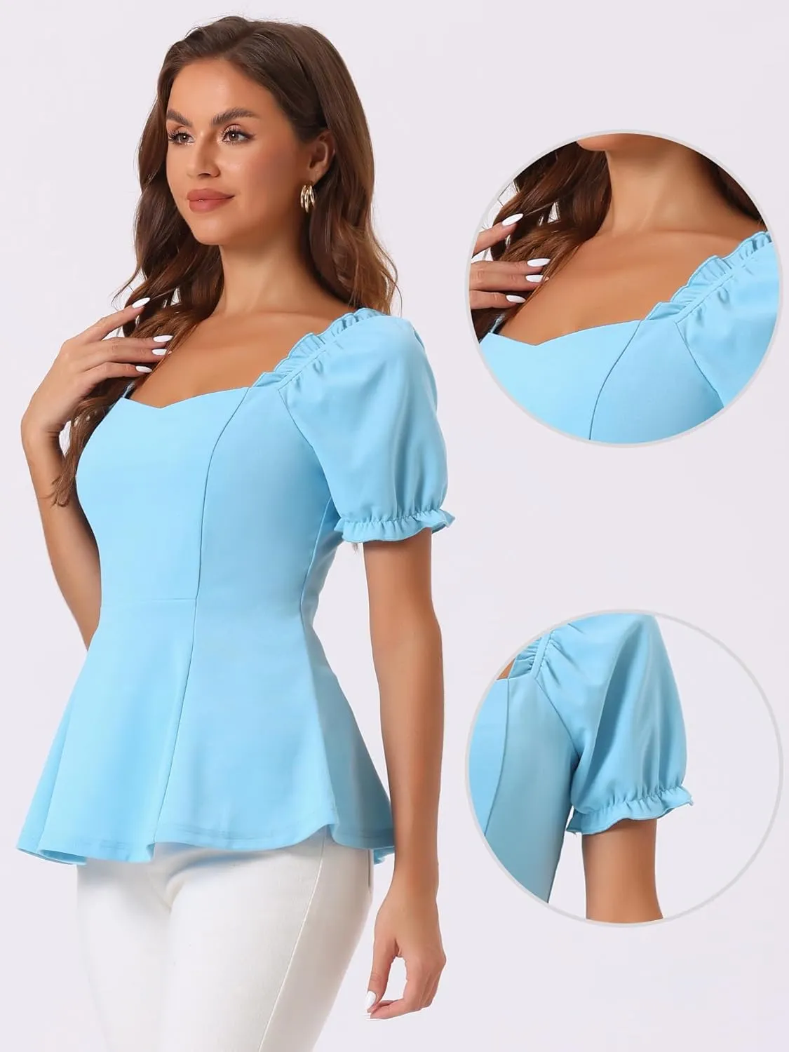 Allegra K Peplum Top for Women's Elegant Ruffles Puff Sleeve Sweetheart Neck Blouse