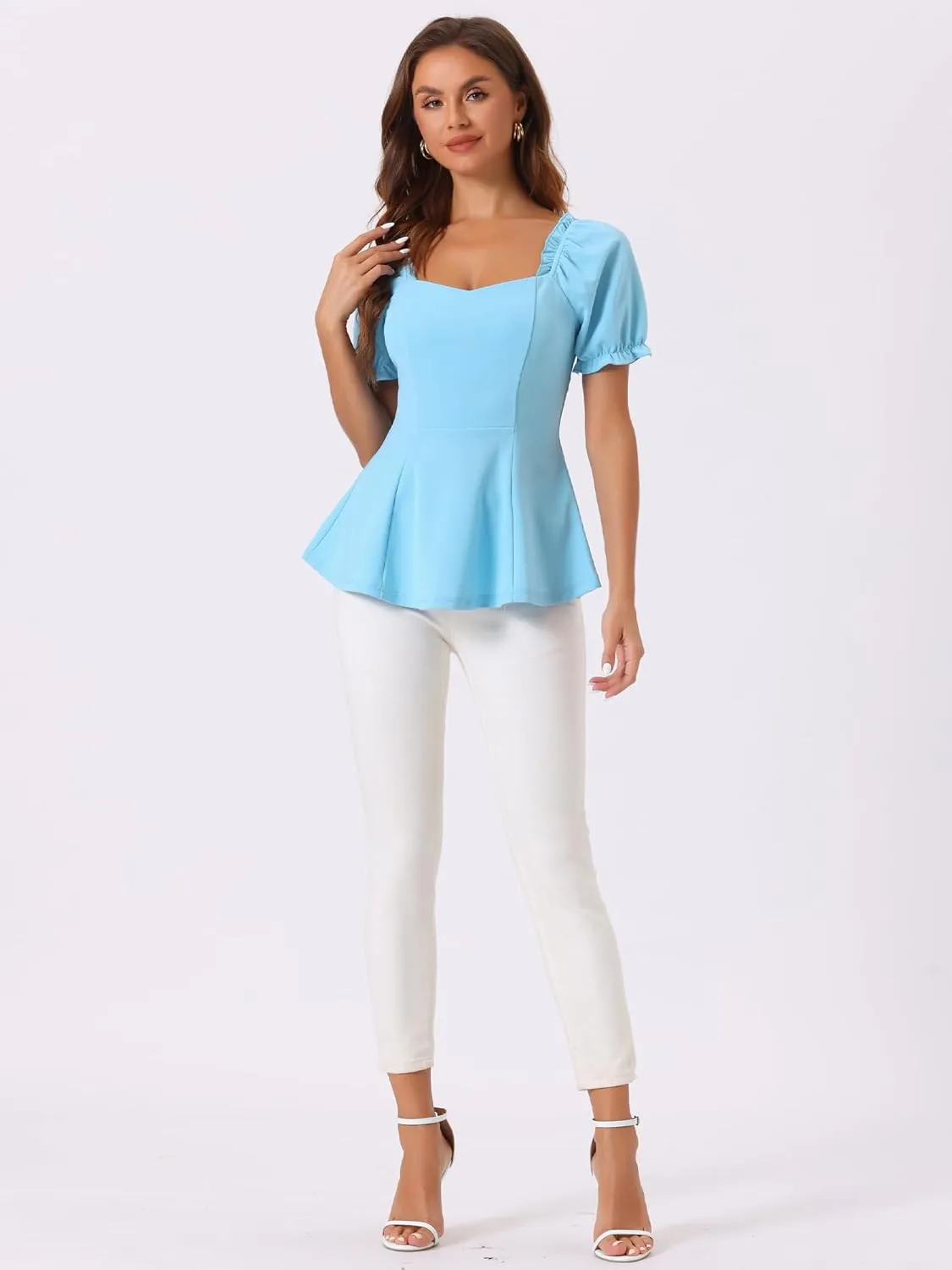 Allegra K Peplum Top for Women's Elegant Ruffles Puff Sleeve Sweetheart Neck Blouse