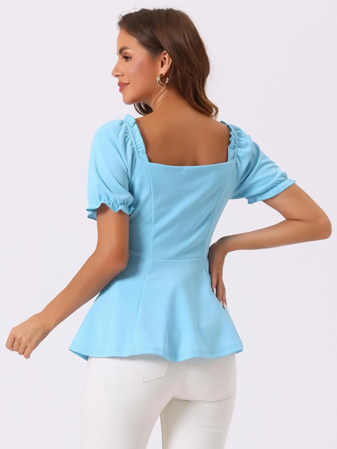 Allegra K Peplum Top for Women's Elegant Ruffles Puff Sleeve Sweetheart Neck Blouse