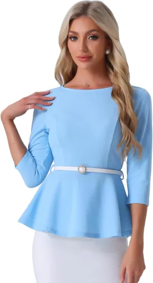 Allegra K Peplum Tops for Women's 3/4 Sleeve Teacher Belted Elegant Business Work Blouse